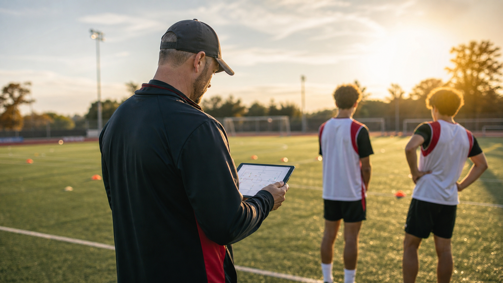 Coach using a tablet near a youth sports practice field