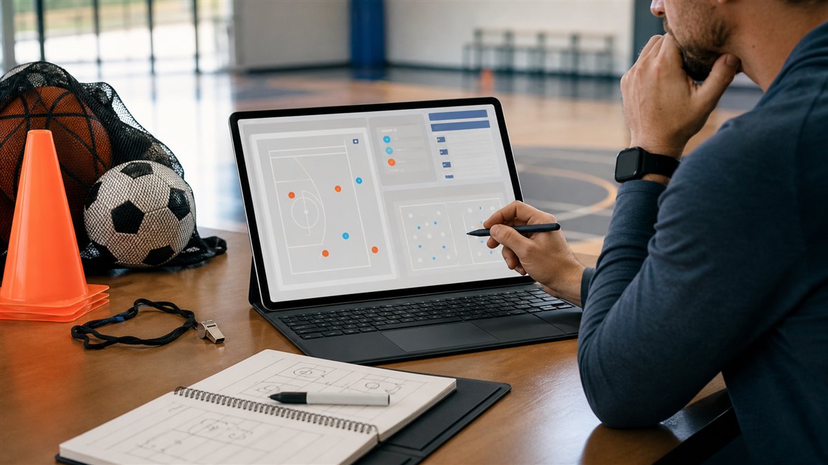 Coach reviewing a digital practice plan beside basketballs and cones