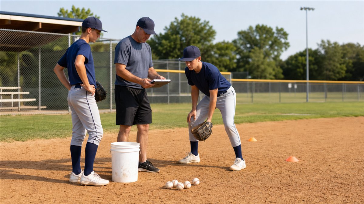 Youth baseball players developing skills during a coached practice