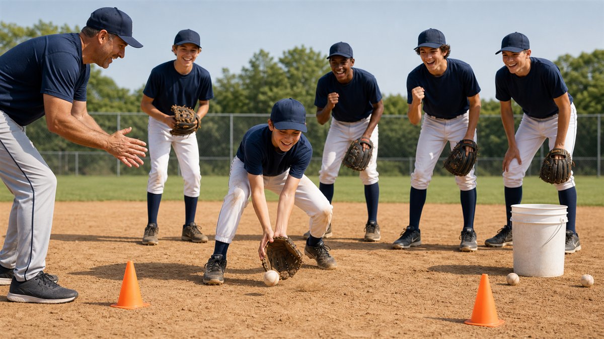 Youth baseball player mid-swing during a batting practice drill while a coach watches from behind the cage