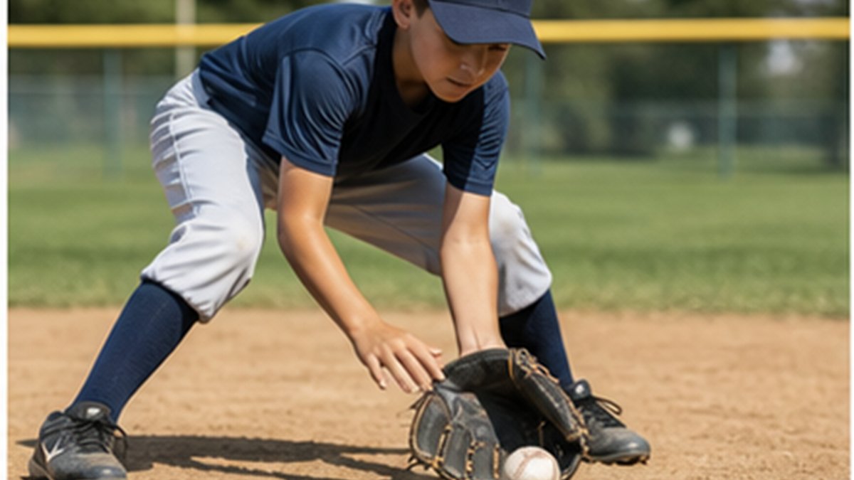 Coach talking one-on-one with a young baseball player on the field during practice