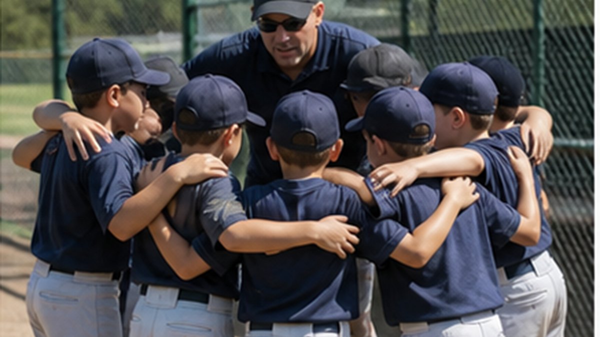 Youth baseball coach huddling with a group of pitchers and catchers before a game to go over workload