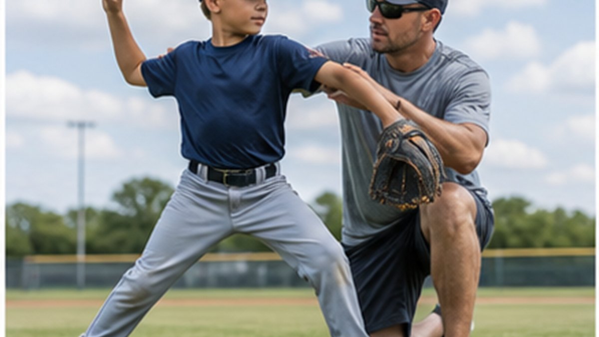 Youth baseball coach guiding a young player's throwing arm position during a drill