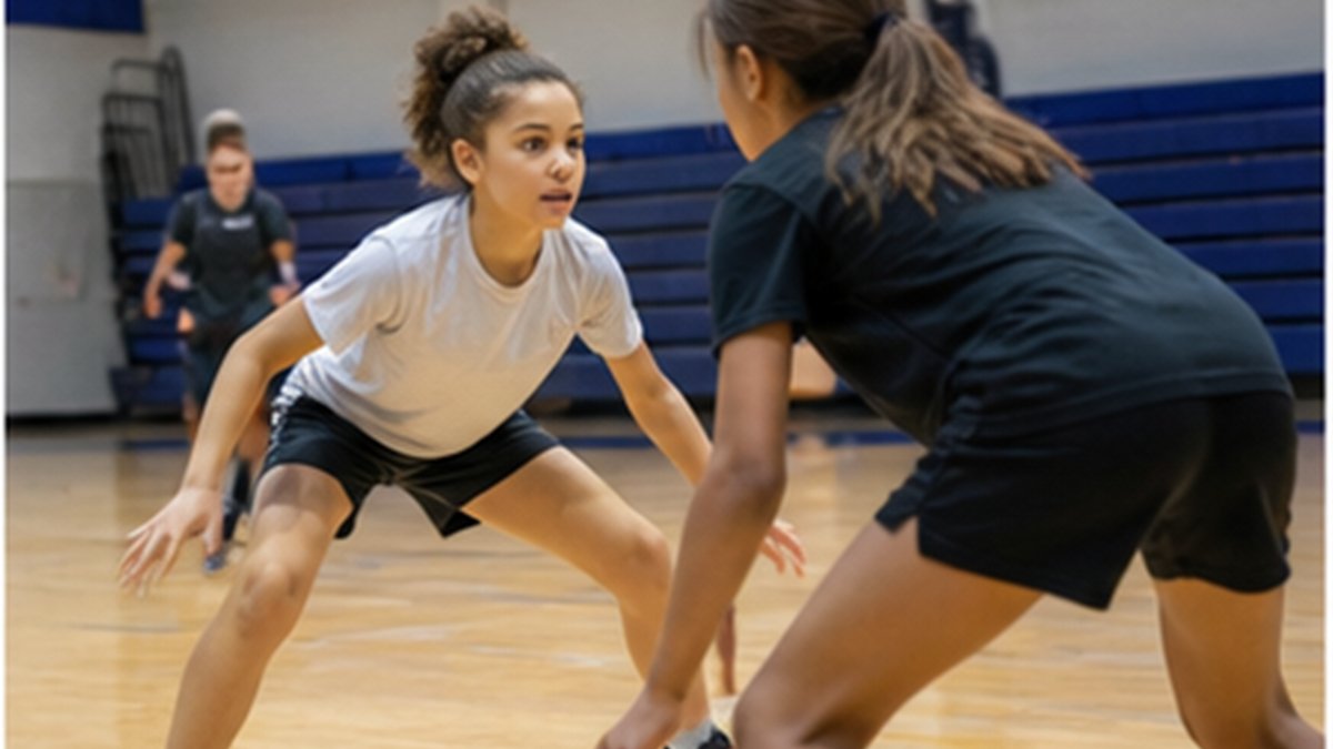 Youth basketball player in a low defensive slide stance with feet apart and knees bent