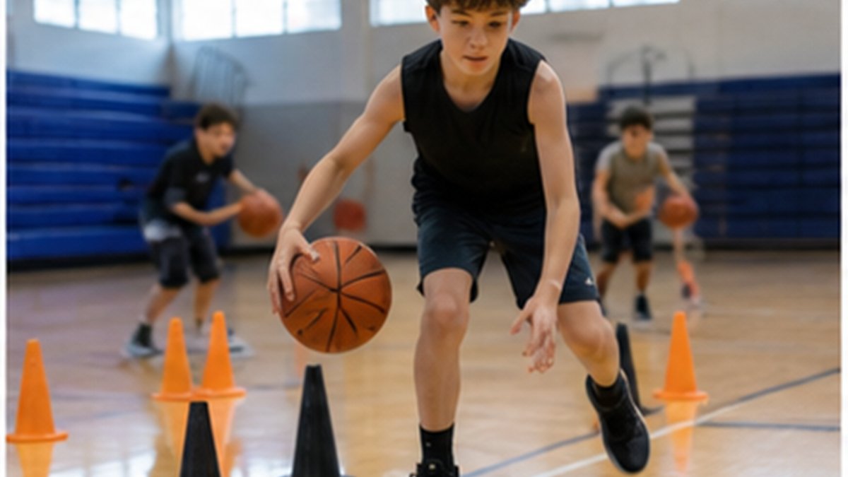 A young athlete working alone with the ball during practice, focused on their individual role within the team