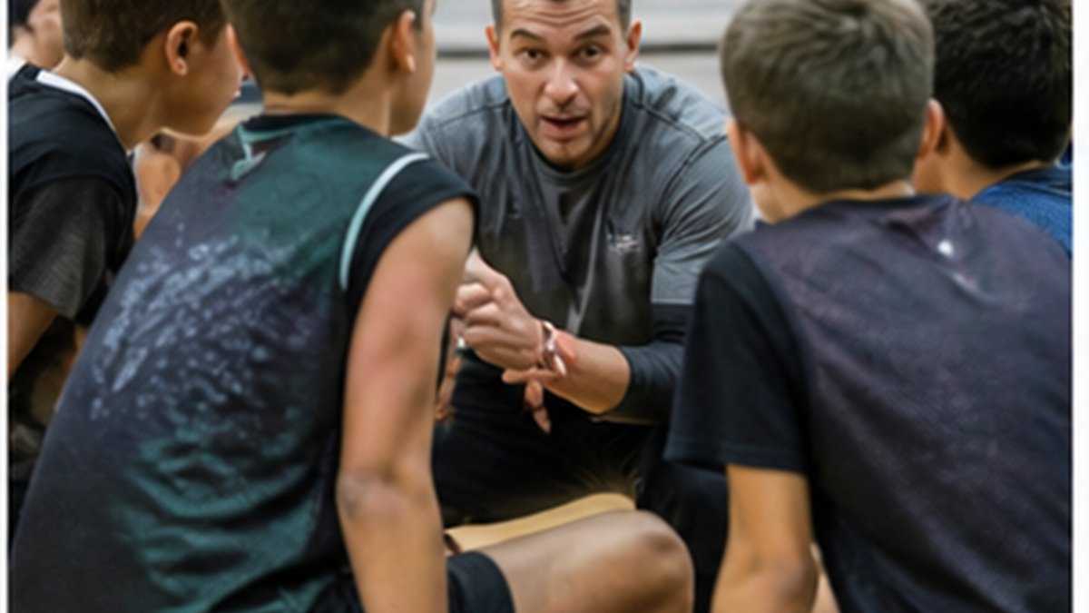 Youth basketball team huddled together on the bench during a game timeout