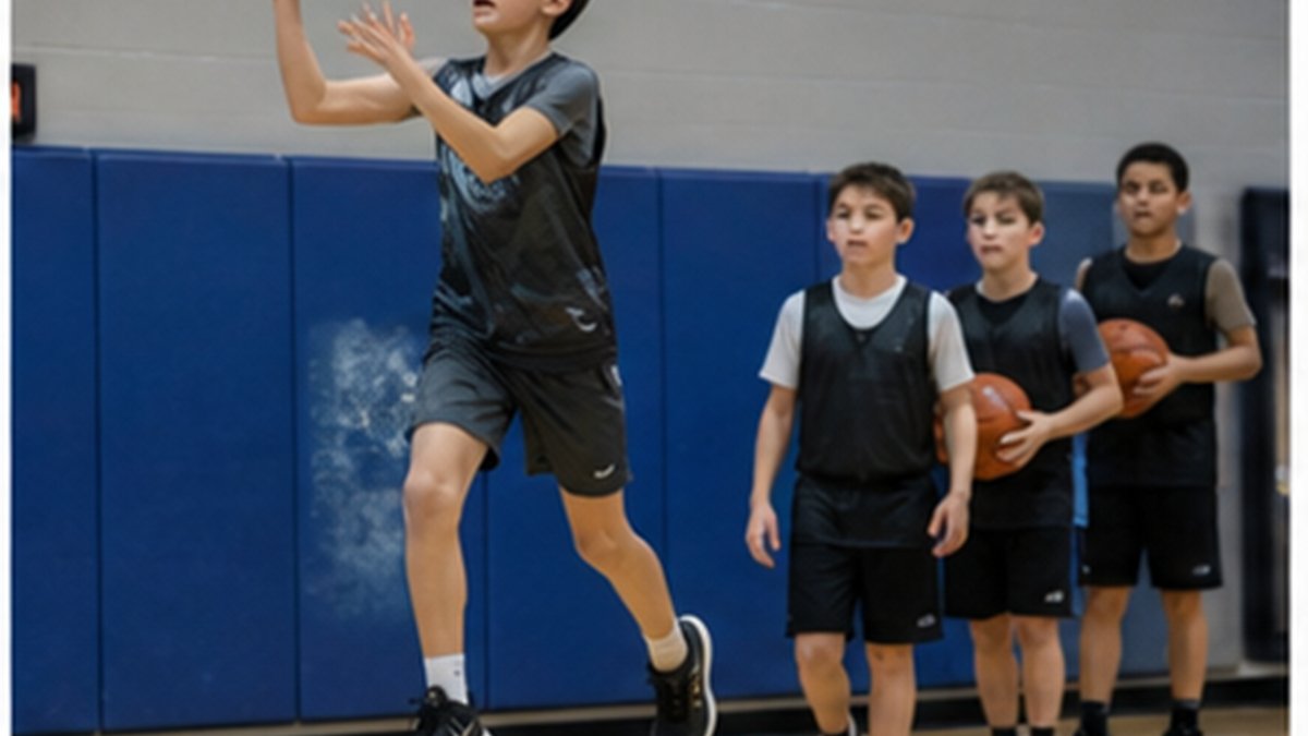 A coach working one-on-one with a player on an individual skill drill while teammates practice nearby
