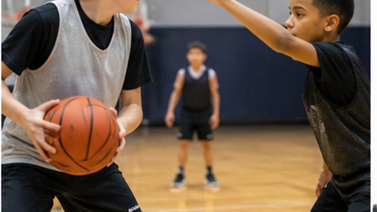 Youth basketball player facing on-ball defensive pressure while a teammate watches