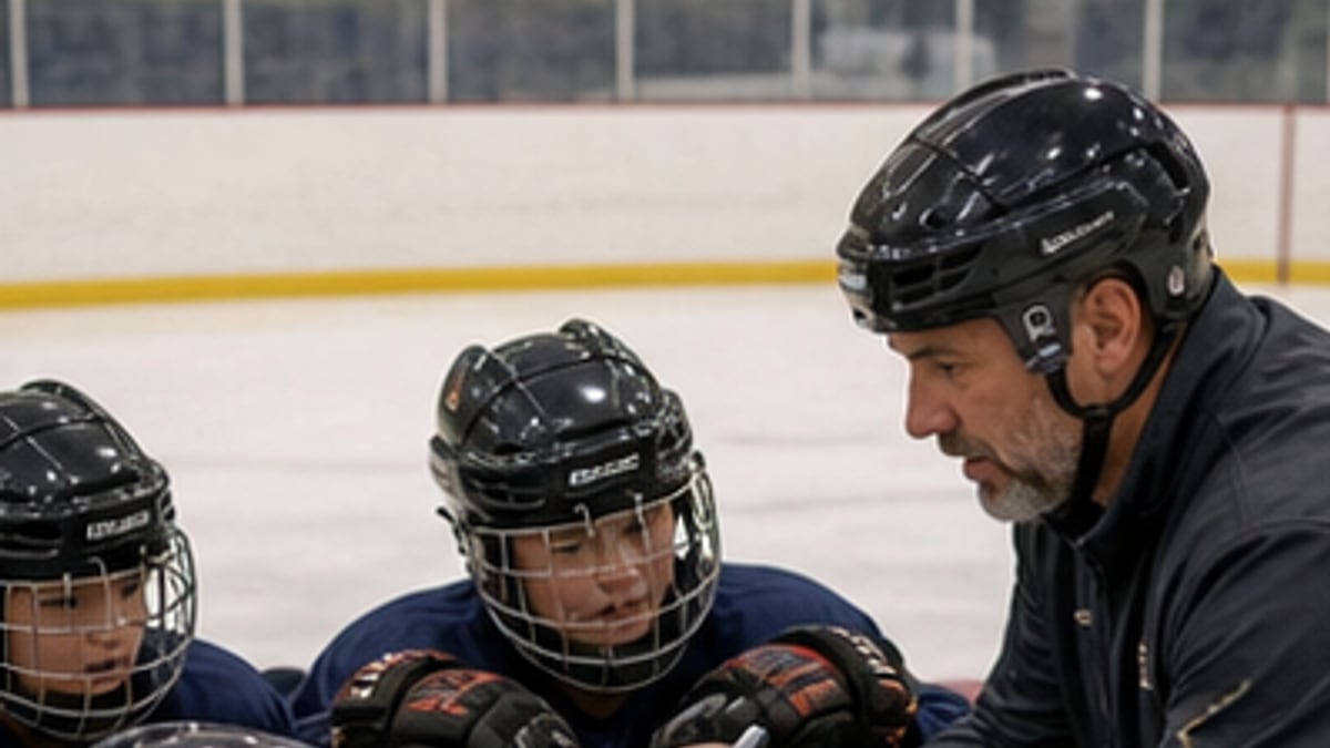 Youth hockey team gathered in a huddle with their coach during a game