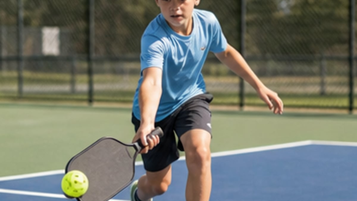 Young pickleball player demonstrating a low-to-high paddle swing used for soft, controlled shots