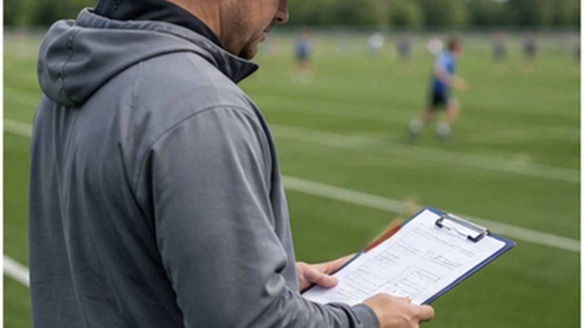 Youth soccer coach holding a clipboard while watching players train on the field