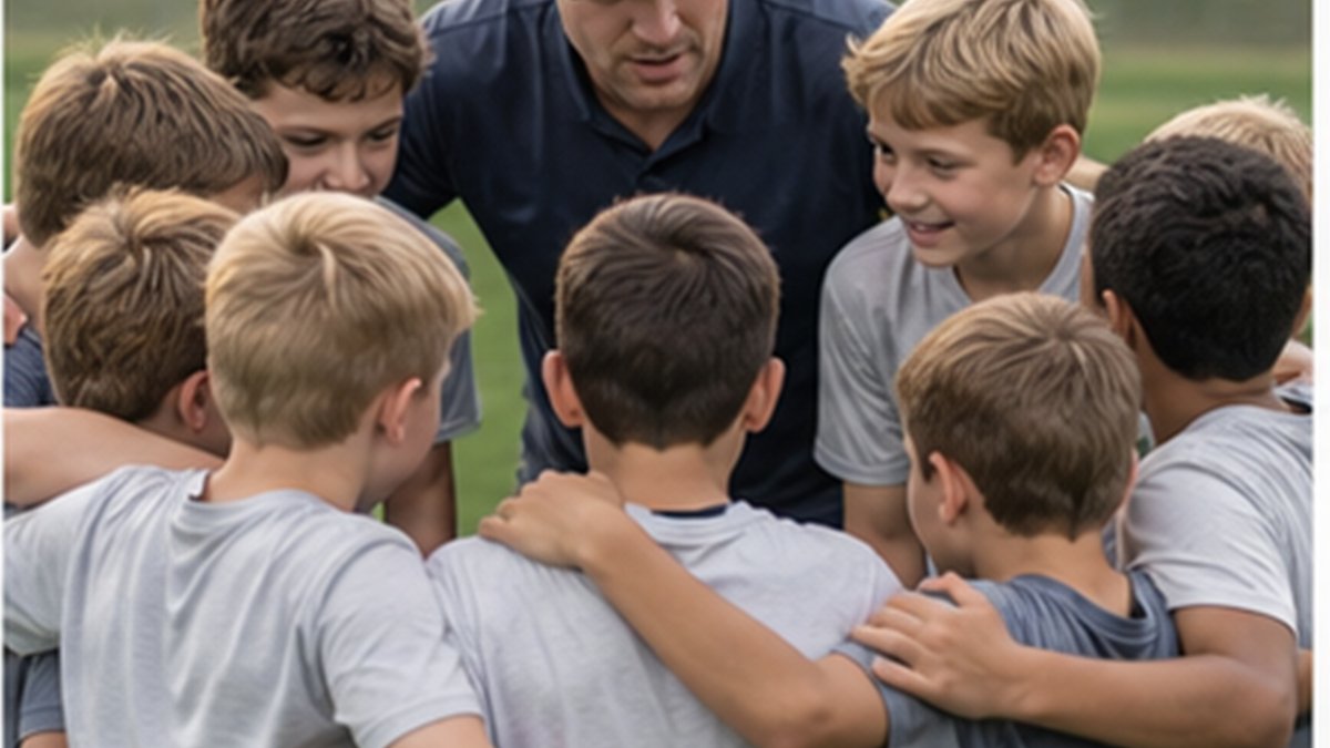 Youth coach speaking closely with a small group of players during a break