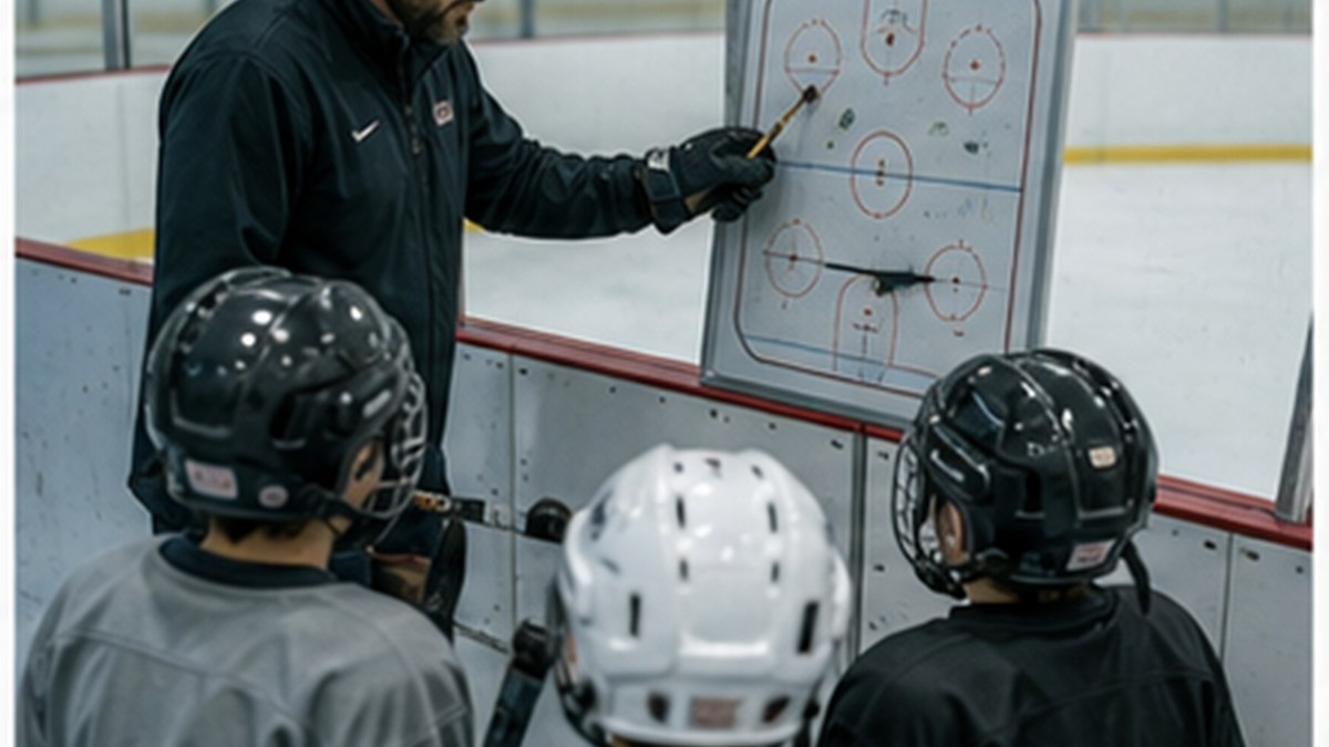 Youth hockey coach diagramming passing lanes and support positioning on a rink-side whiteboard