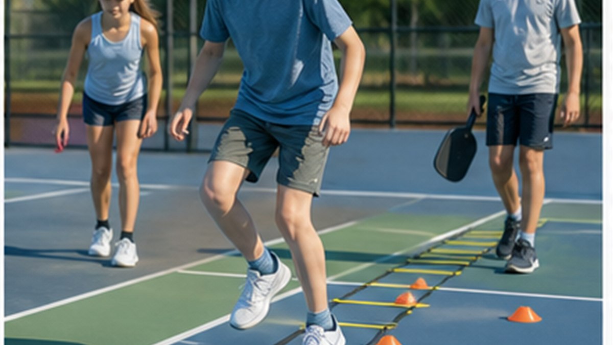 Young pickleball player in a low, balanced athletic stance with feet set for a quick recovery step