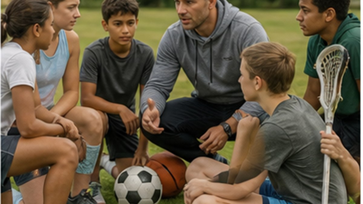 Youth coach kneeling to talk with a small group of multi-sport athletes before practice