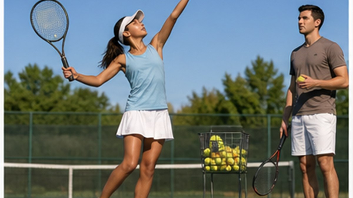 Young tennis player tossing the ball straight up before a serve while a coach watches the release point