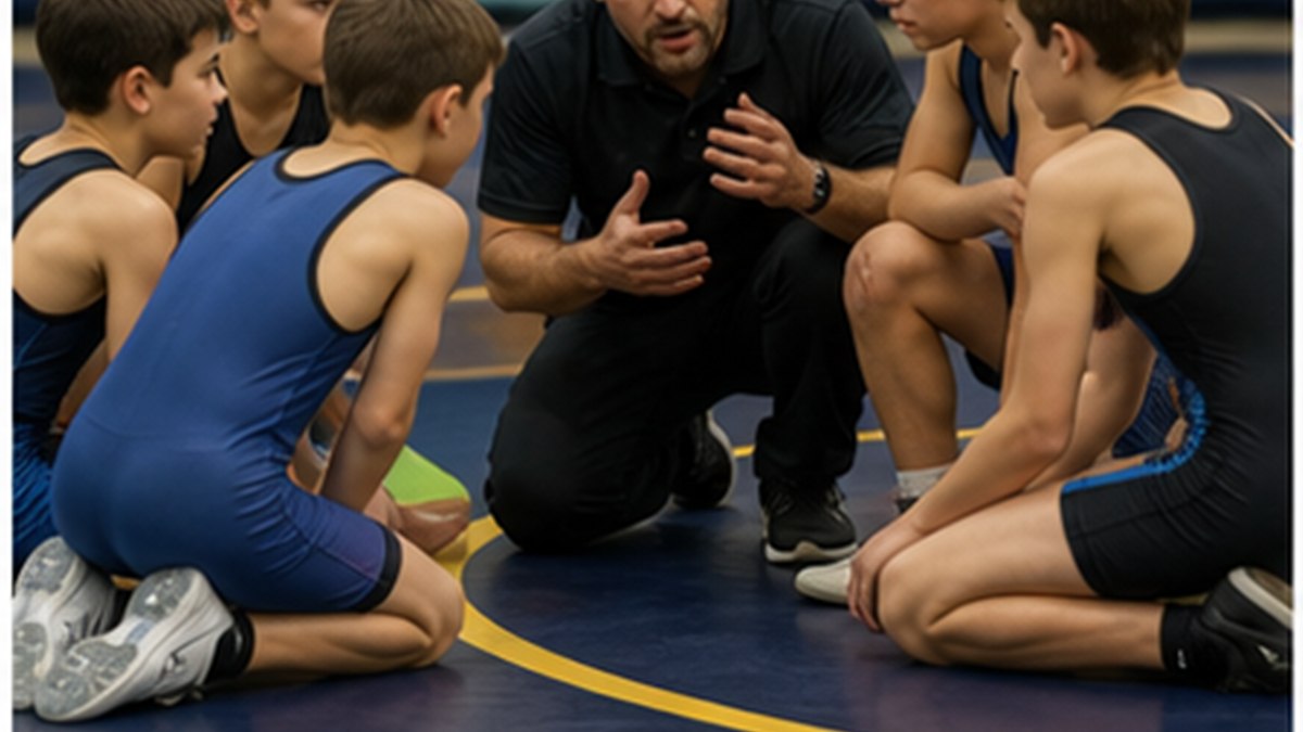 Wrestling coach huddled close with a young athlete on the mat between periods, talking directly to him