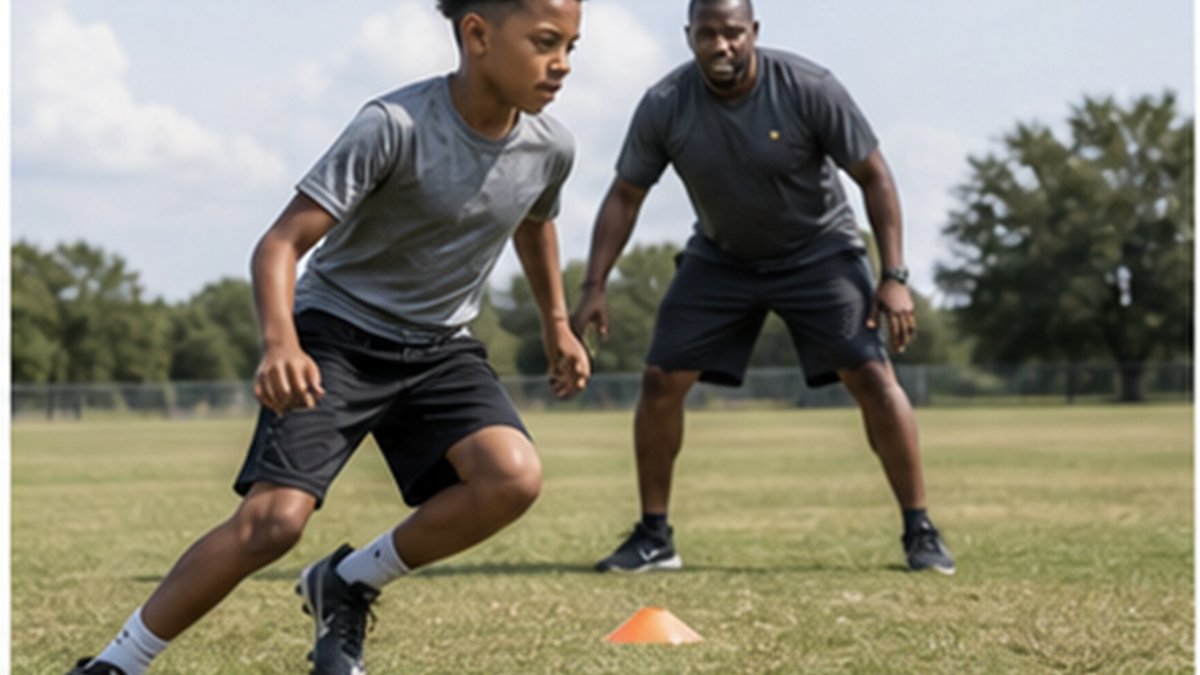 Youth football coach speaking calmly with players on the sideline during a game