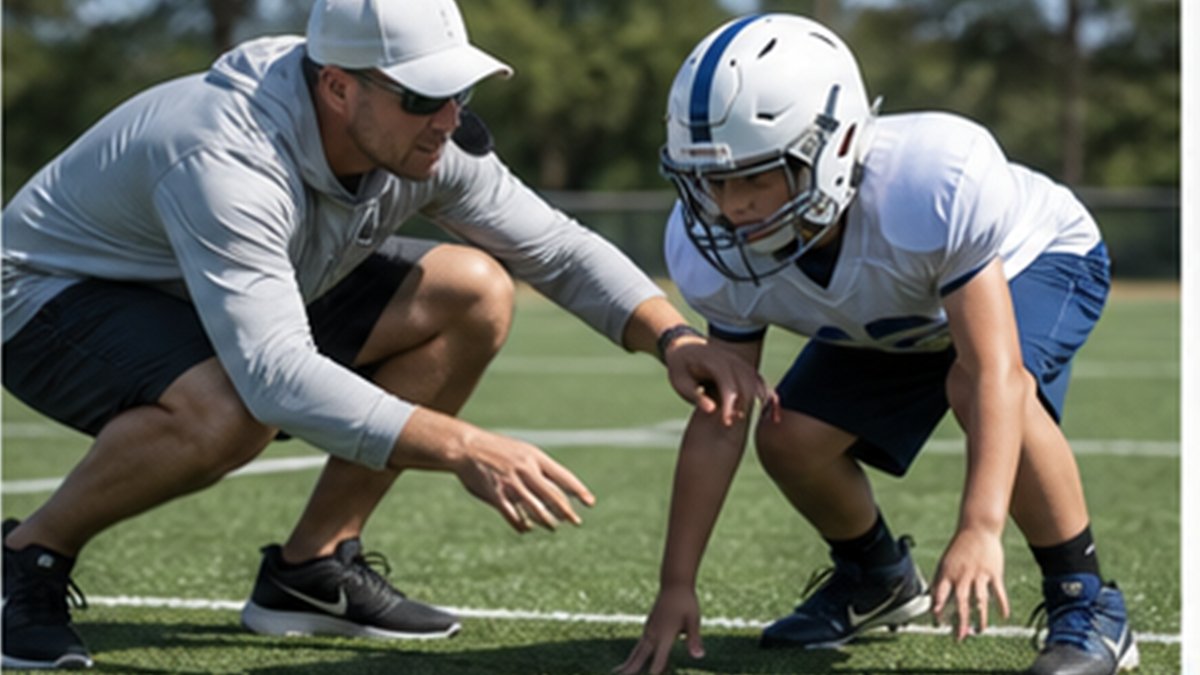 Youth football coach adjusting a young player's pre-snap stance during practice