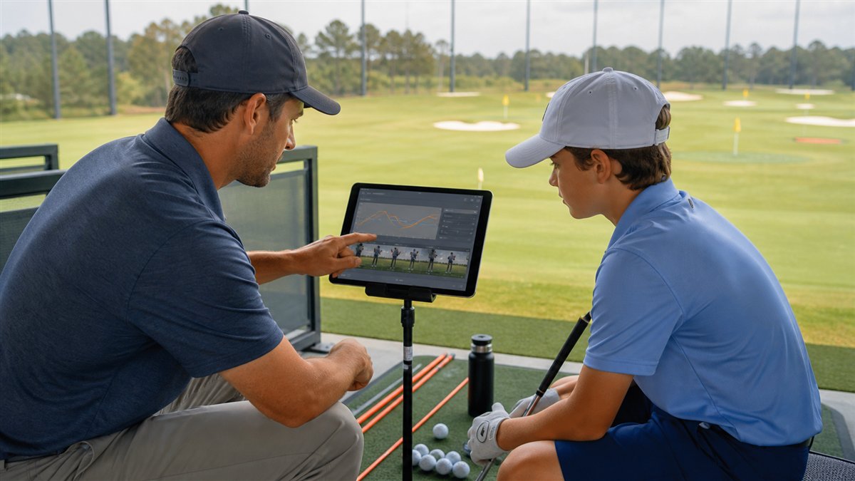 Coach and young athlete reviewing swing data on a tablet during a practice session