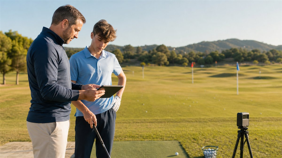 Golf coach kneeling beside a young player to adjust their hand position on the club at address