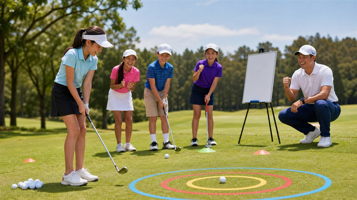 Junior golf coach running a target-selection challenge with young players on the course