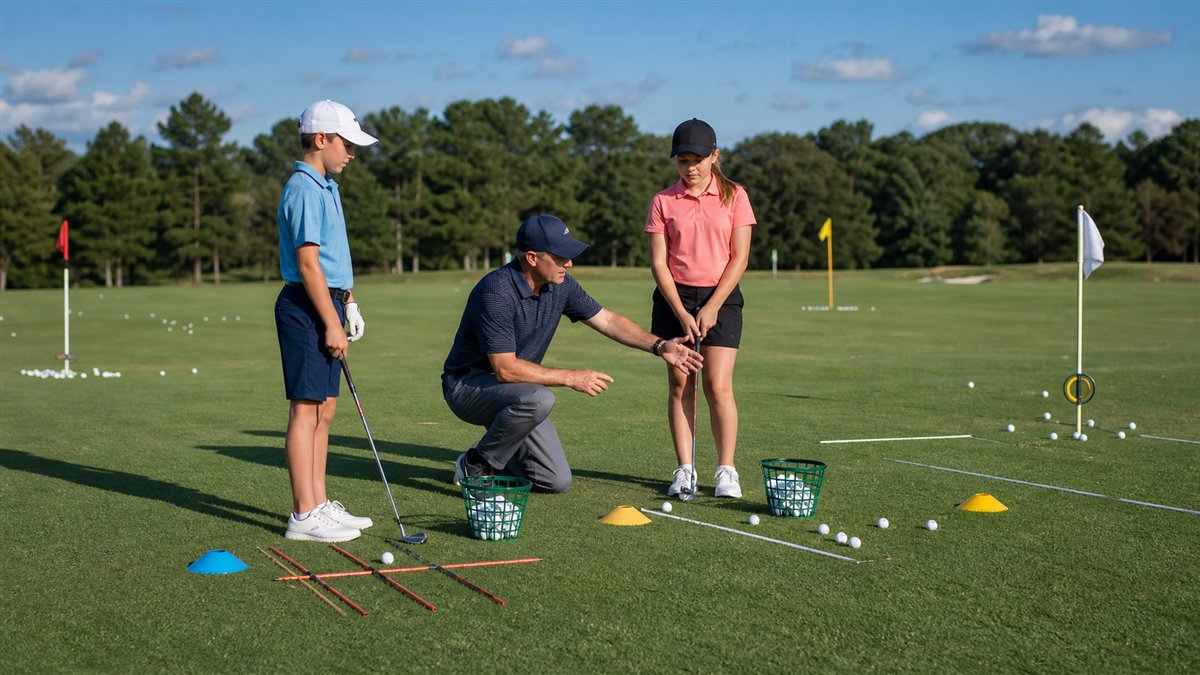 Junior golf coach setting up alignment stations for two young players on the range
