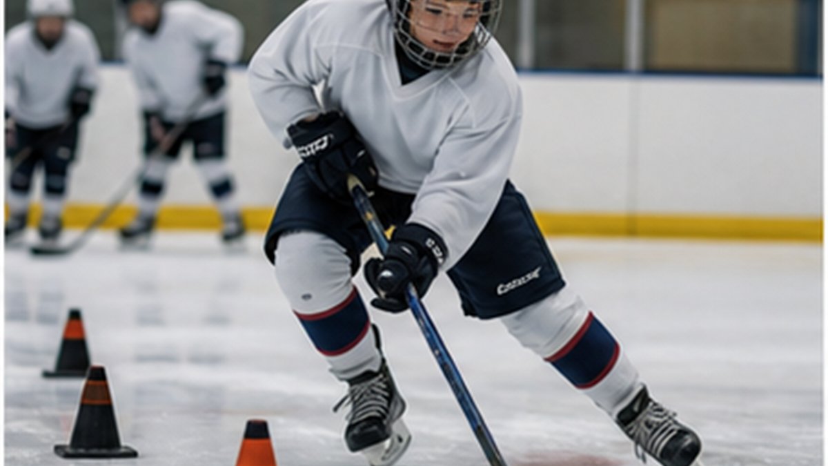 Young hockey player working through a cone drill focused on edge control