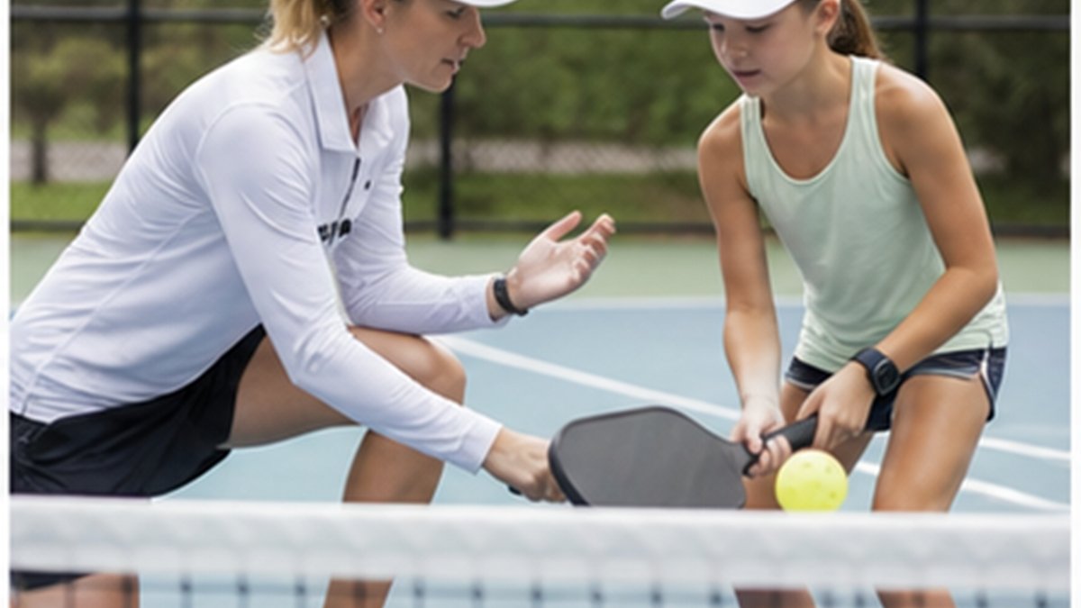Pickleball coach helping a young player practice a dink shot at the net