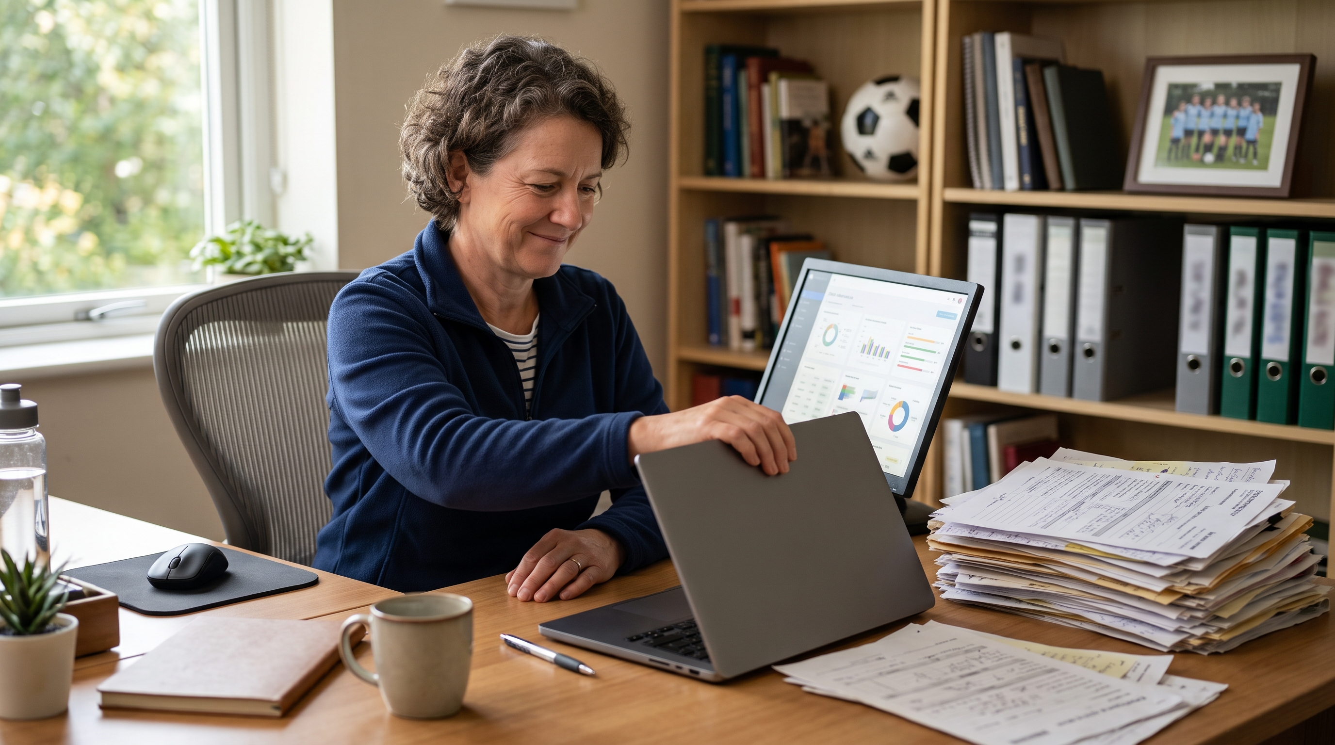 A club director closing a laptop at a home office desk, with a stack of handwritten paper forms set aside next to it
