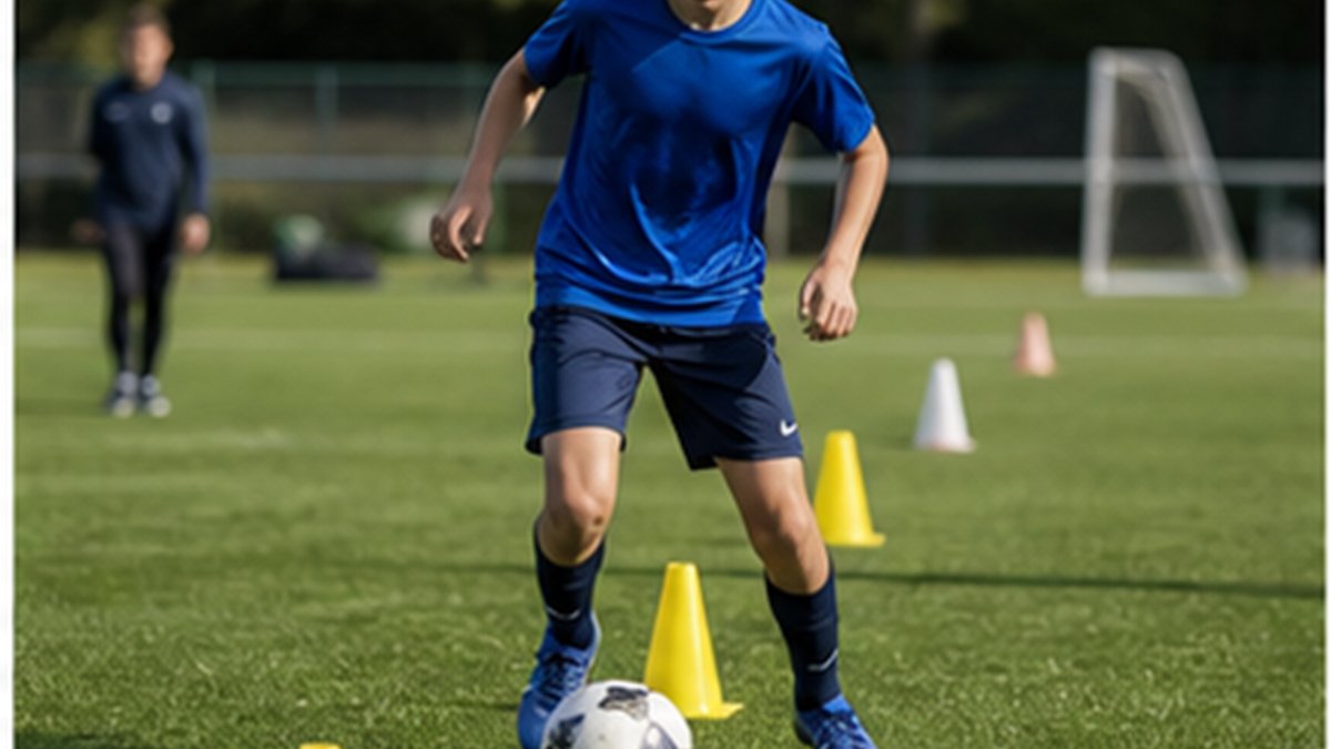 Cones set up in a grid on a soccer field for a dynamic warmup progression before practice
