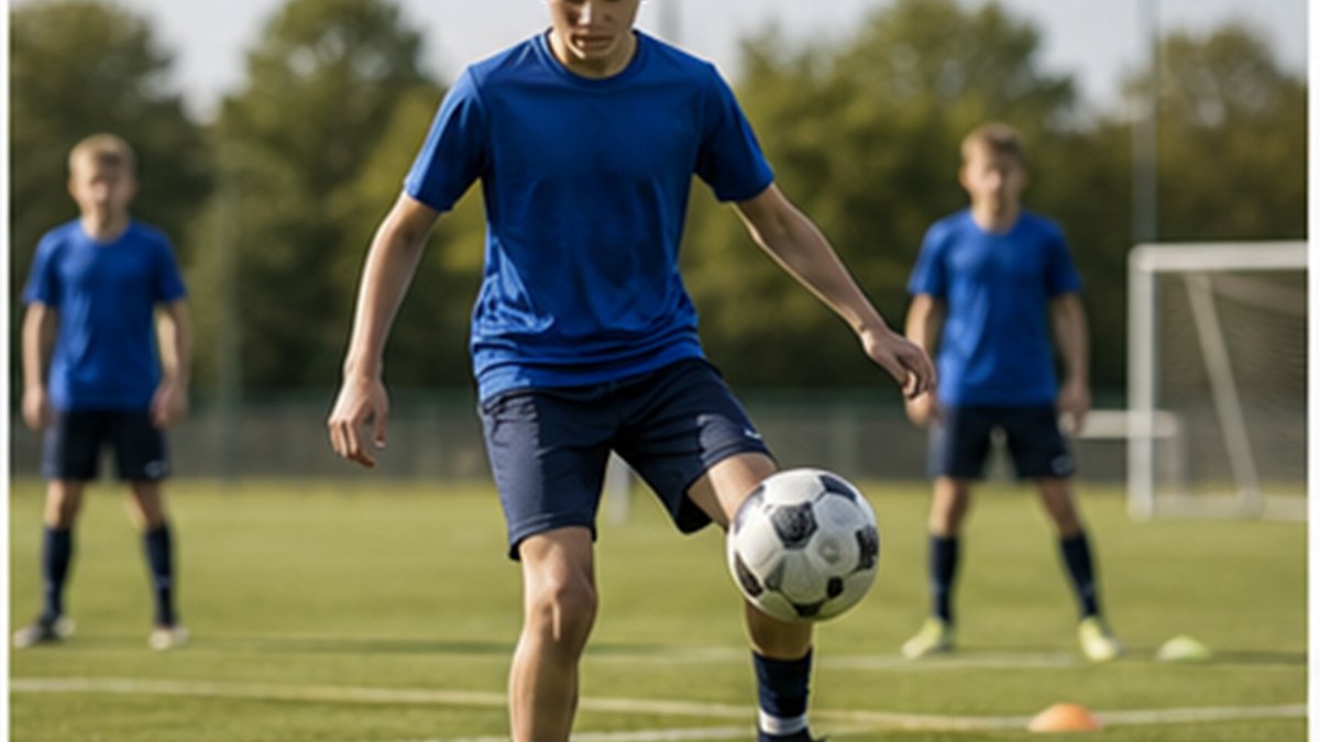Youth soccer player cushioning an incoming pass with the inside of the foot while a defender closes in