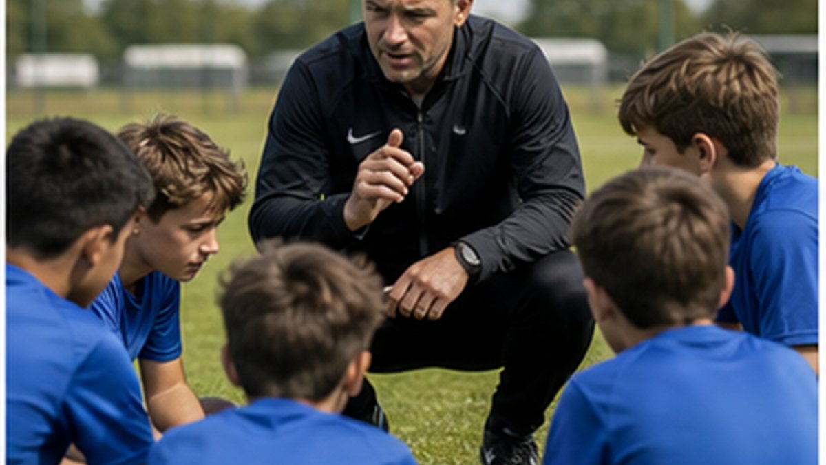 Youth soccer coach kneeling to talk with a small group of players during a break in play