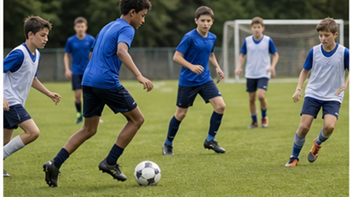 Youth soccer players competing in a small-sided game during practice