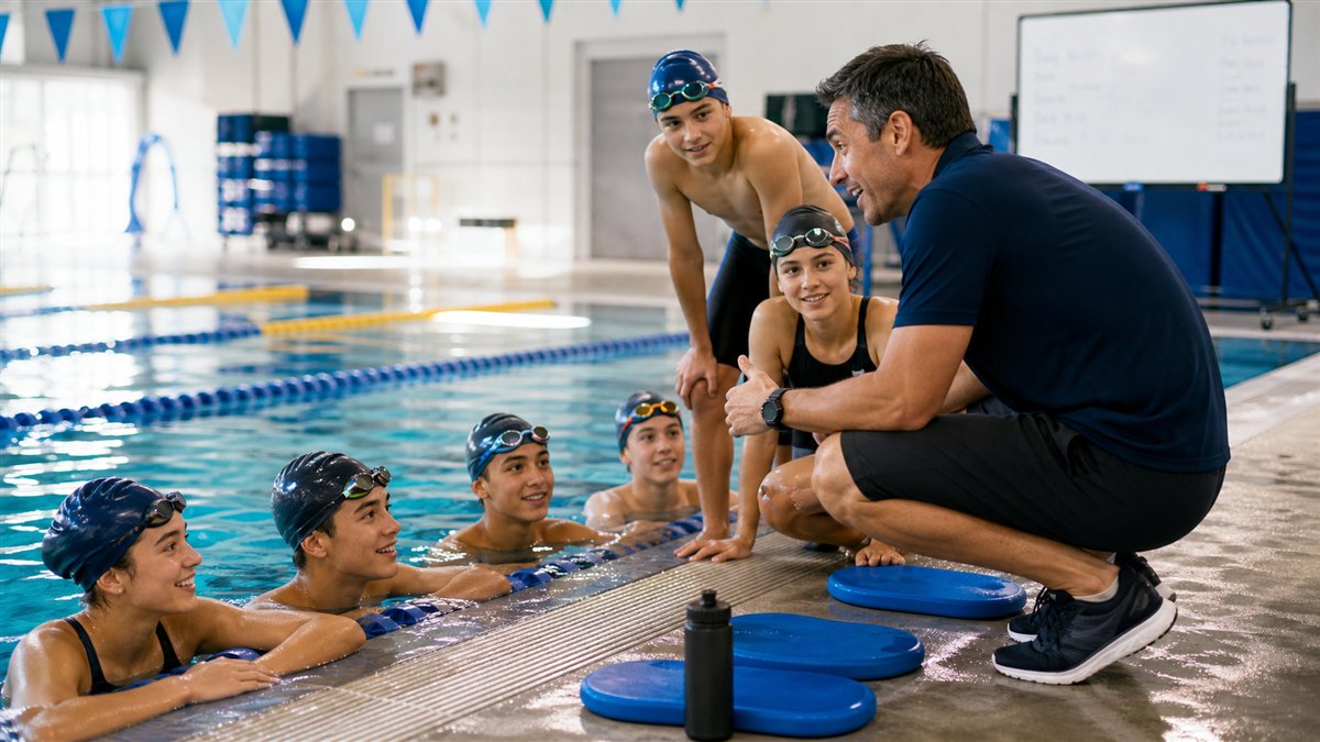 Coach kneeling poolside reviewing split times with a young swimmer between race sets