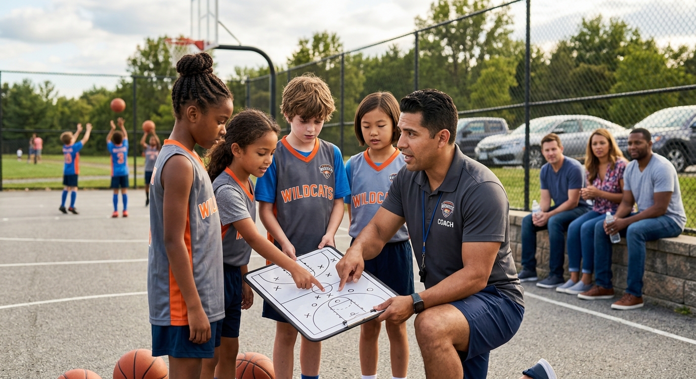 A youth basketball coach reviewing a play with players while parents watch from the sideline