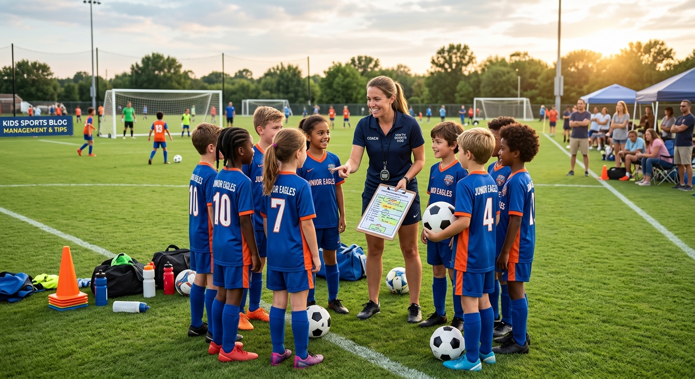 A youth soccer coach briefing a team with a clipboard while parents watch from the sideline