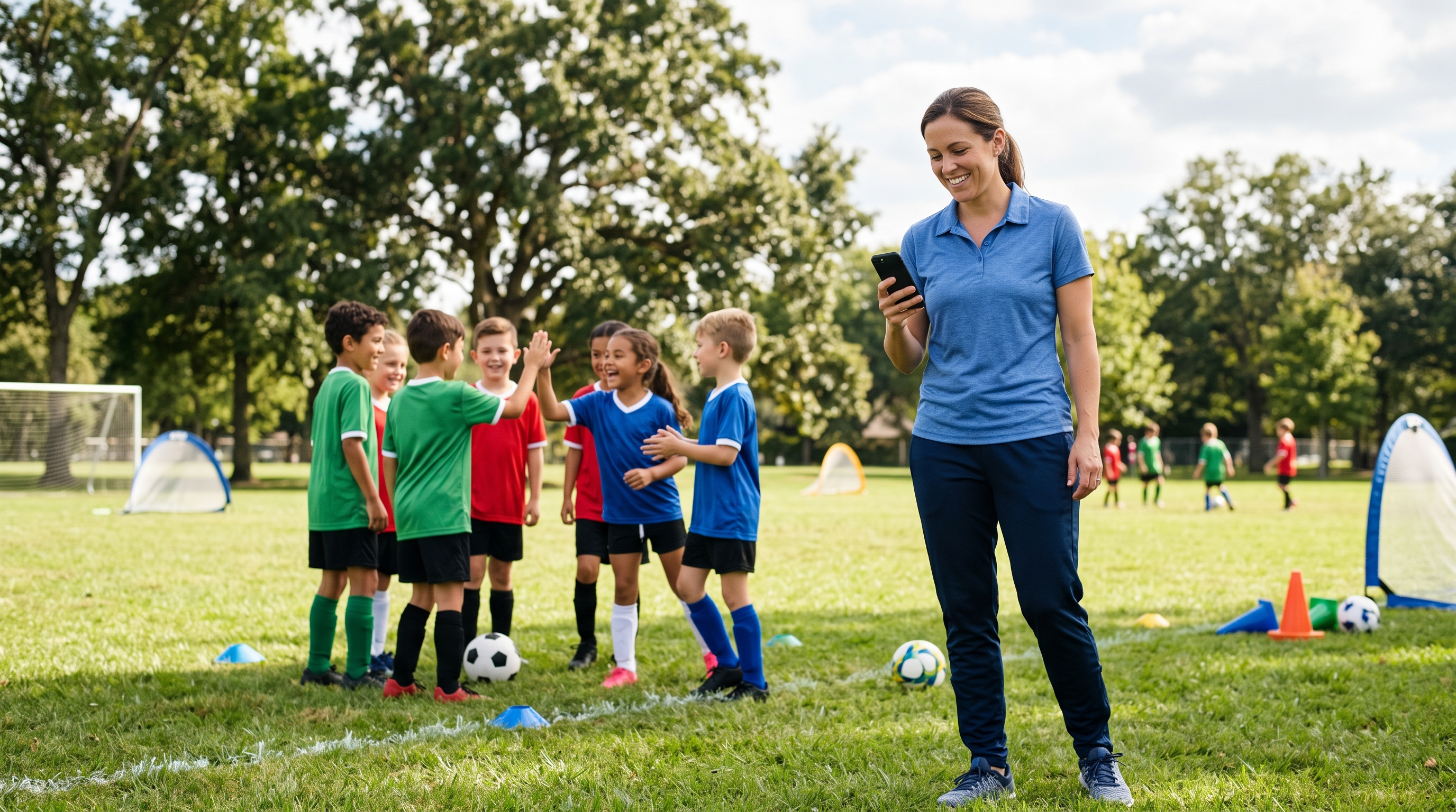 A smiling coach checking her phone on a sunny field while a group of young soccer players high-five each other behind her