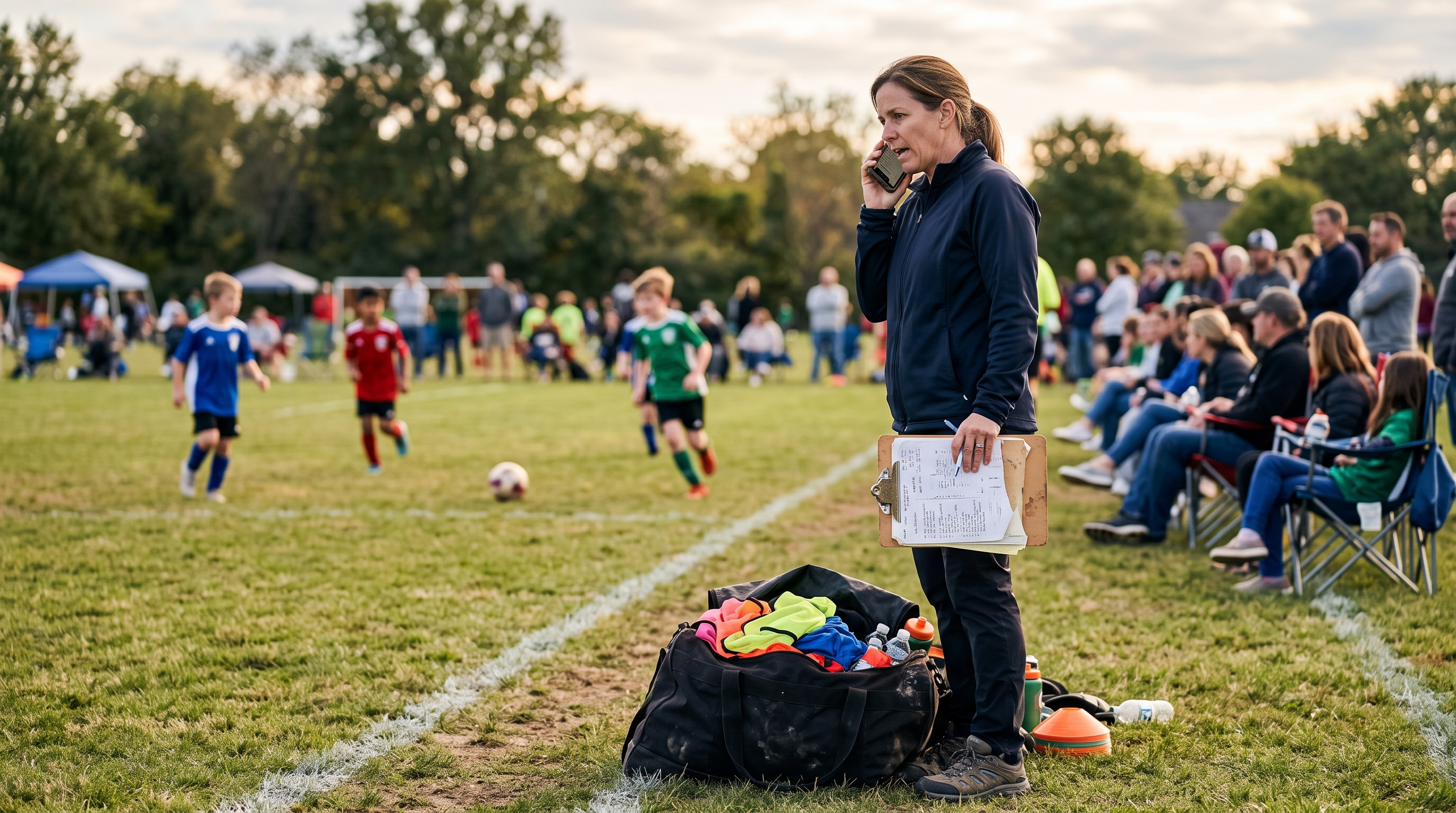 A team manager on the sideline of a youth soccer game, on the phone while holding a clipboard next to a duffel bag of team gear