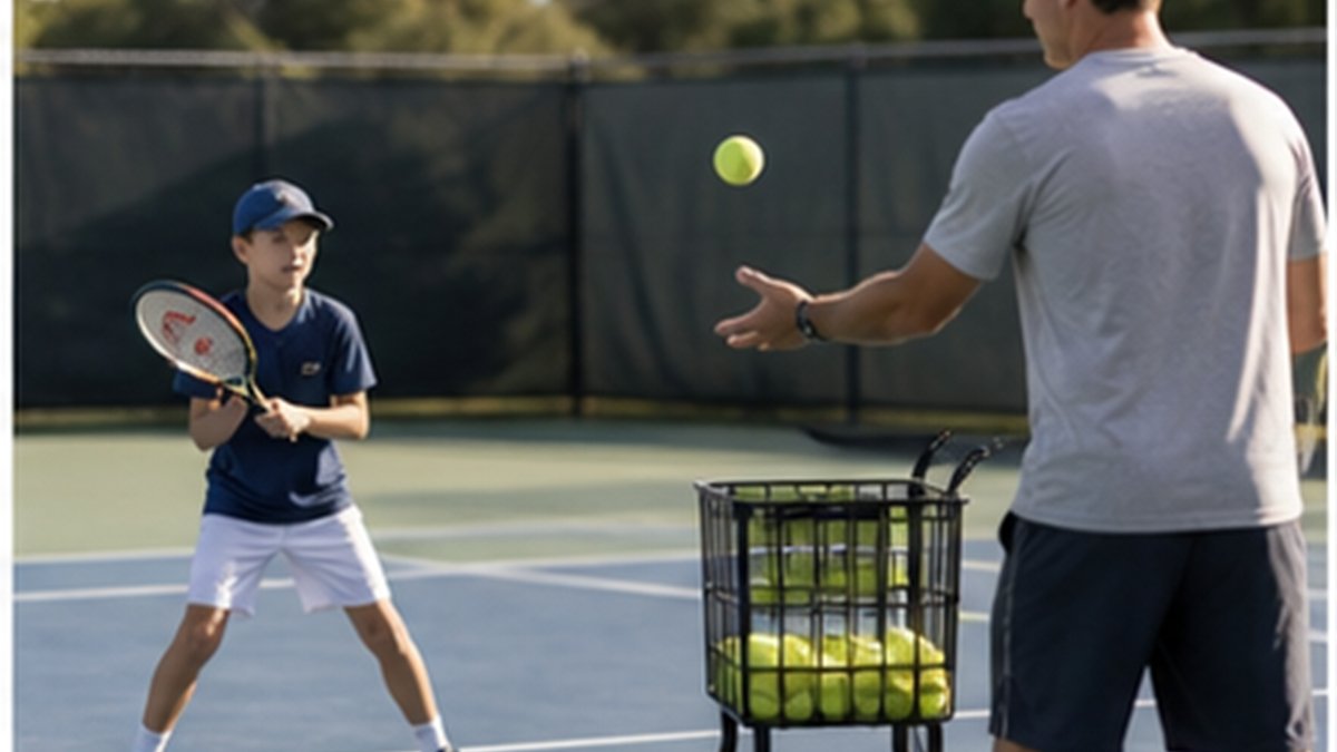 Tennis coach feeding balls from a basket to a young player working through a movement drill