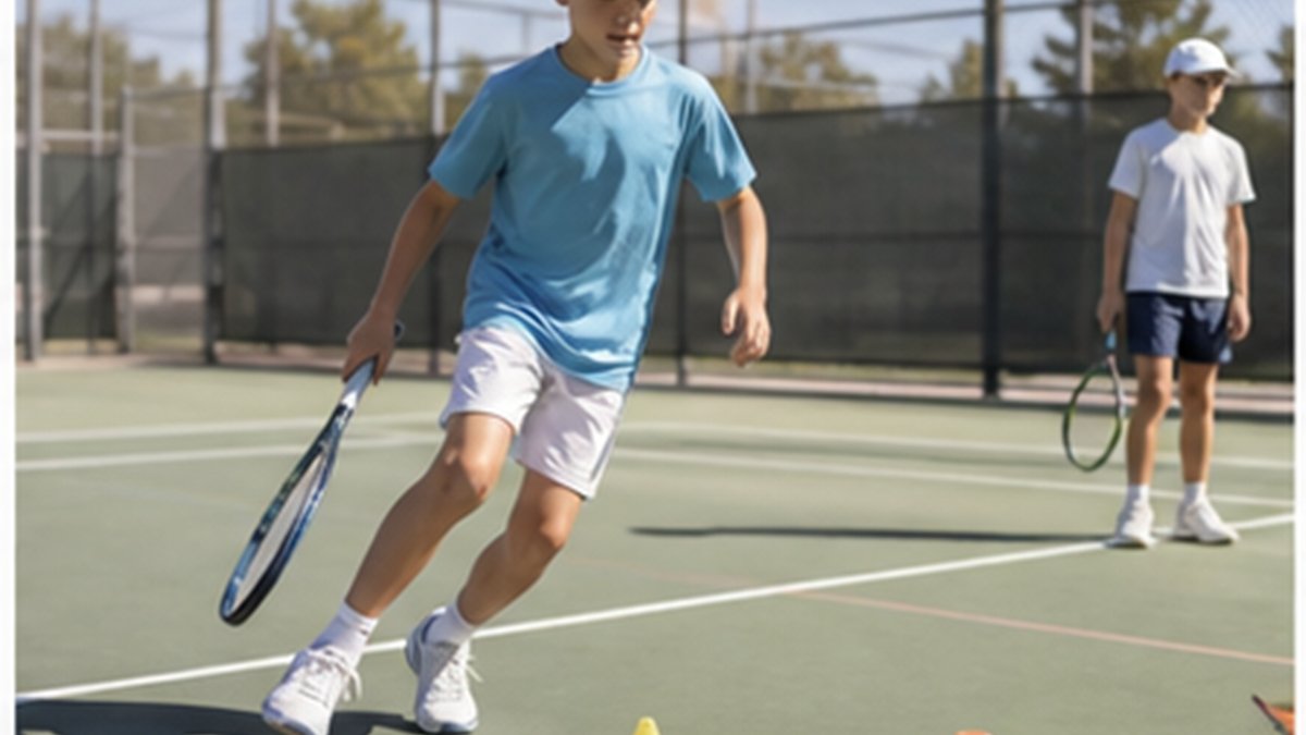 Young tennis player exploding into a split-step recovery move on the court