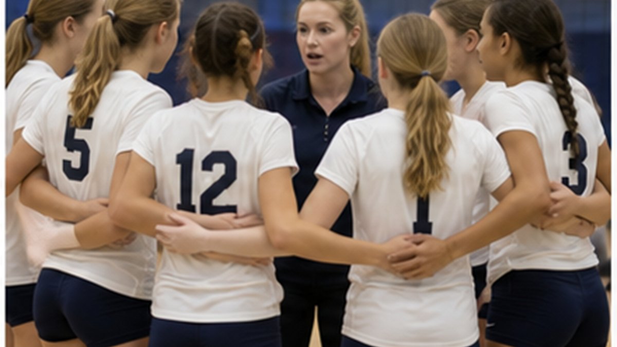 Youth volleyball team huddled together between points