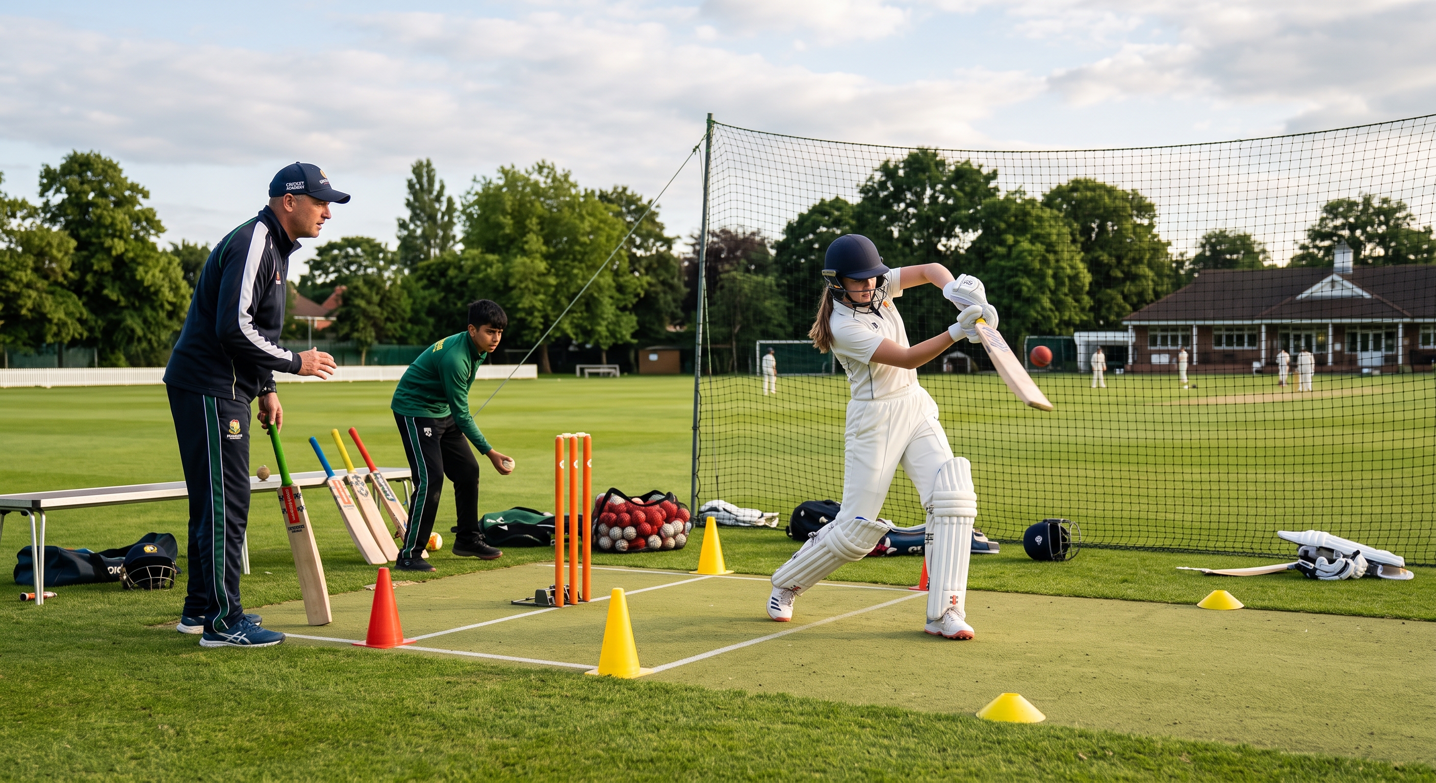 Cricket youth athletes practicing with coach guidance