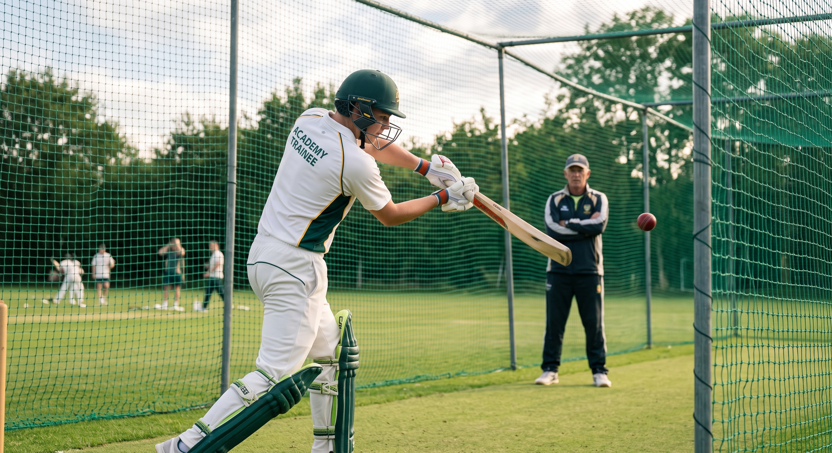 Coach supporting youth cricket players during practice