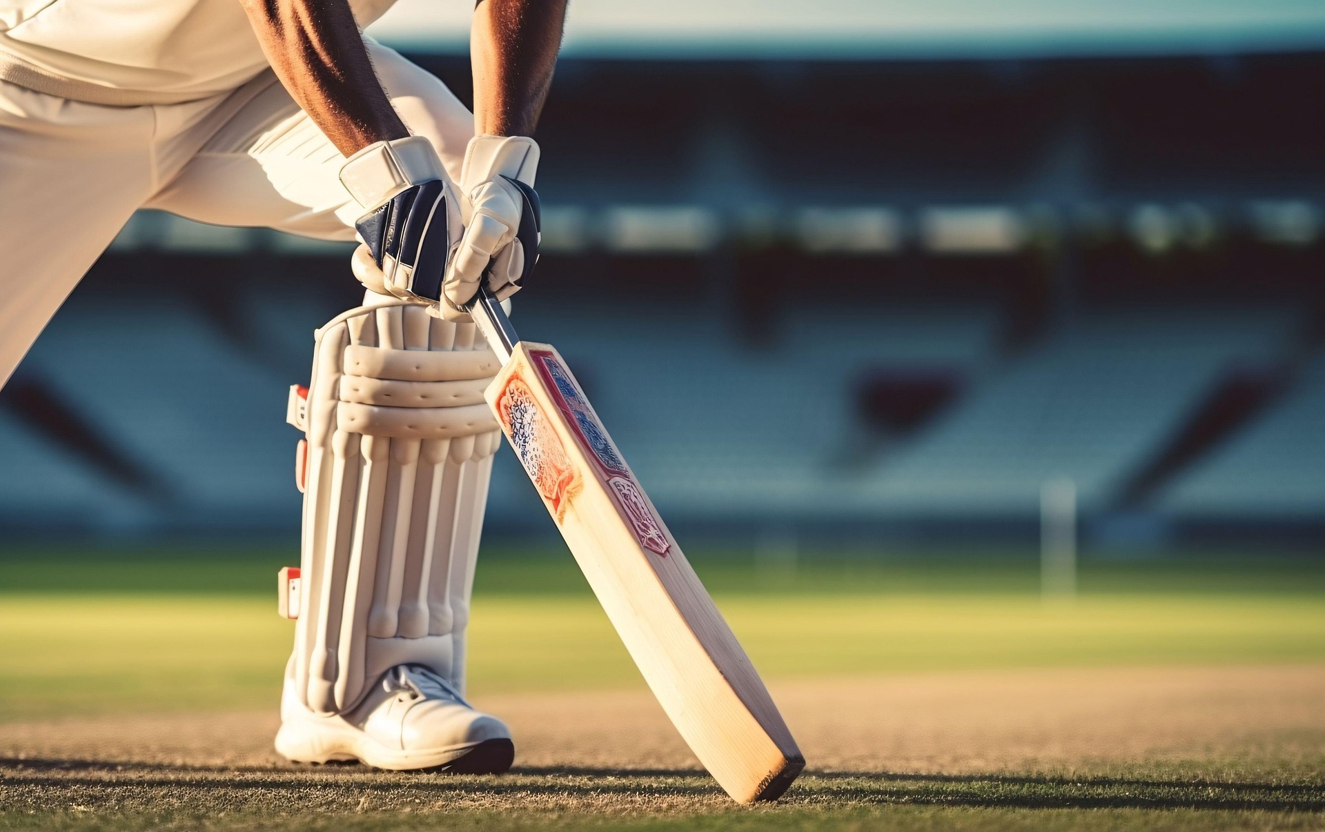 Young cricketer resting on the bat in a ready stance at the crease