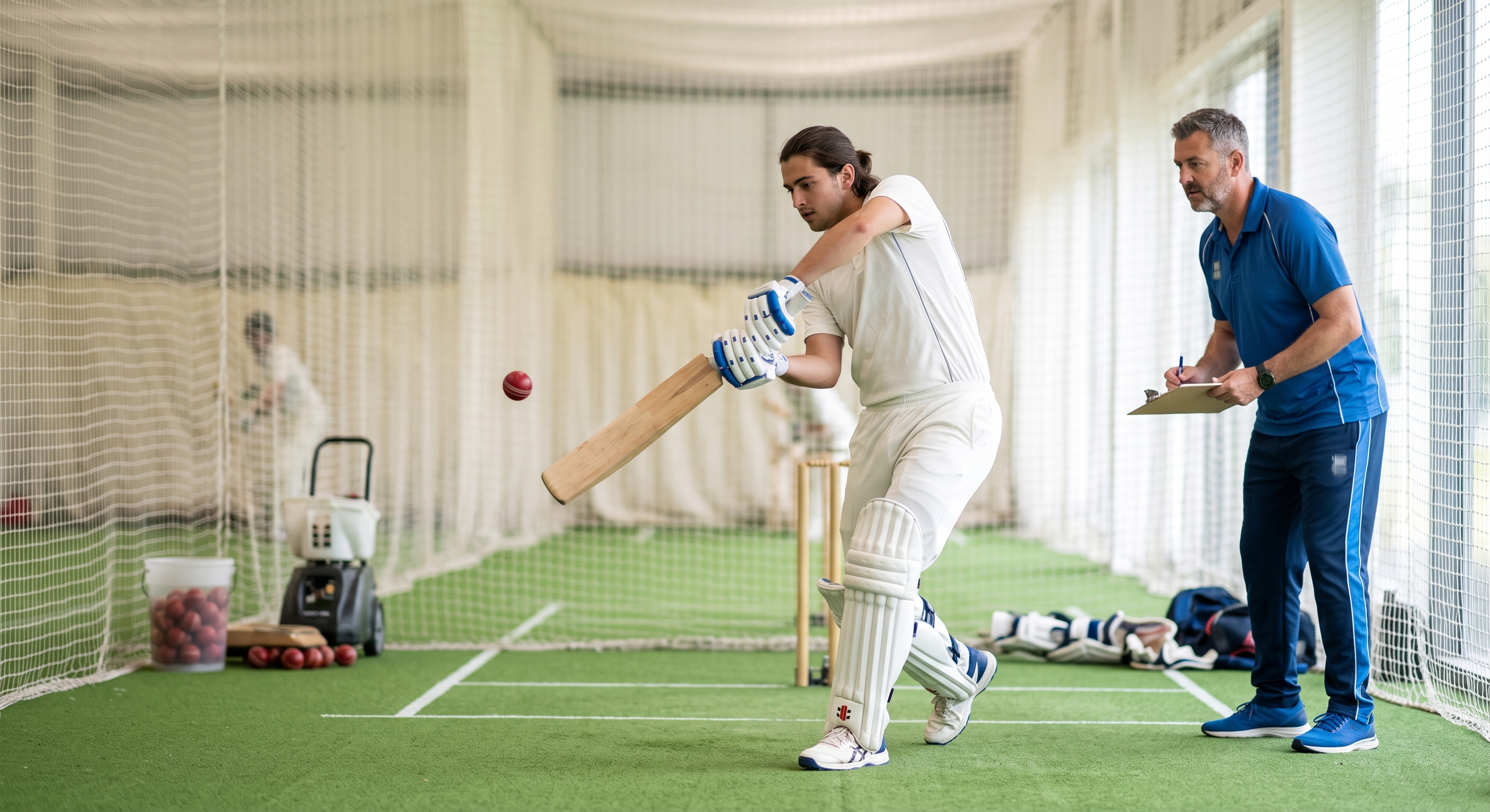Youth cricket coach standing beside a net with a clipboard, observing a young batter facing a bowling machine