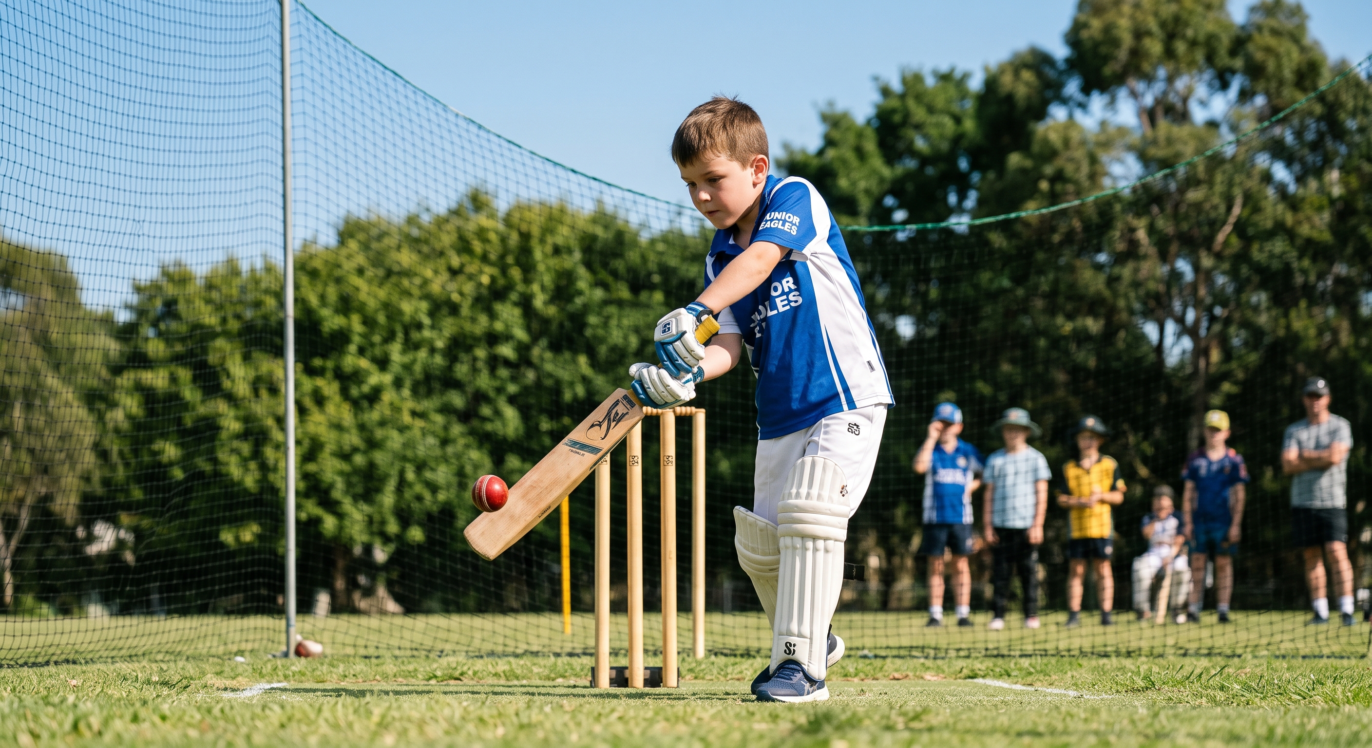 Young cricketer defending a delivery in front of the stumps while waiting teammates watch from the net