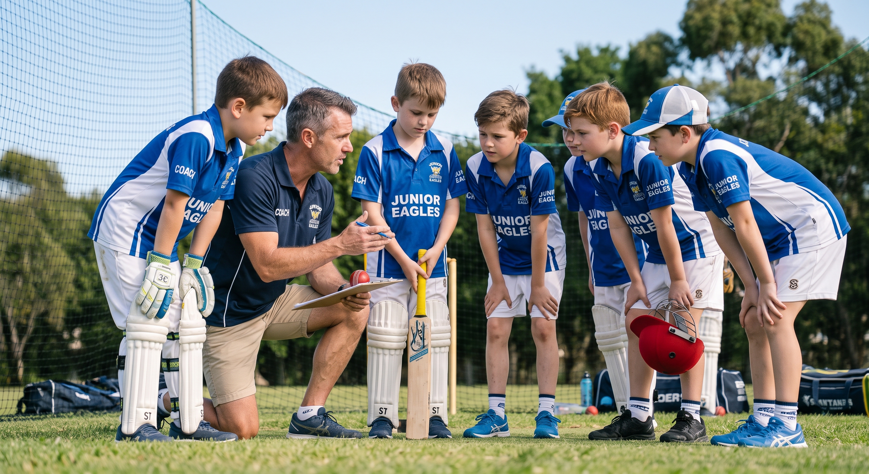 Youth cricket coach kneeling with a full junior team for a pre-session briefing