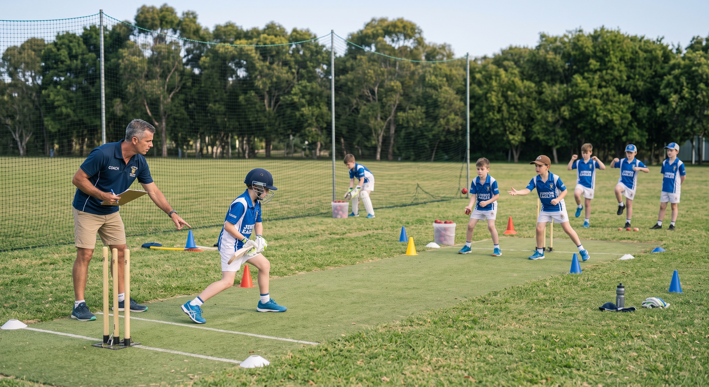 Youth cricket athletes working through a structured practice session