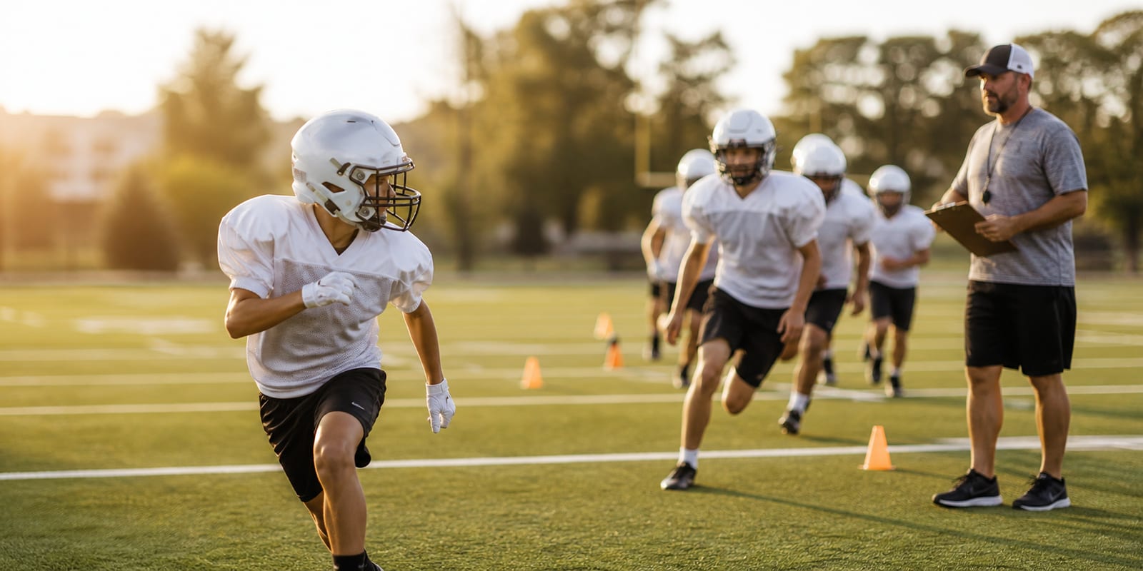Youth football coach walking a line of players through tackling form during a team training session